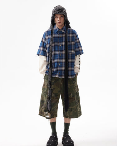 Tung Sung Washed Checkered Hip-Hop Streetwear Spliced Fake-Two-Piece Long-Sleeve Shirt - Tung Sung