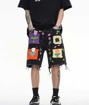 Tung Sung Embroidered Graffiti Fringe Jorts - Tung Sung