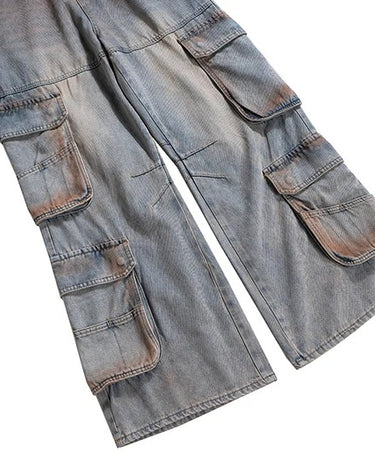 Tung Sung Vintage Multi-Pocket Jeans in Yellow Mud Wash with Distressed Finish - Tung Sung