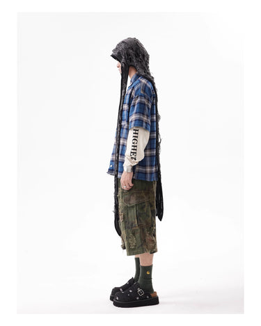 Tung Sung Washed Checkered Hip-Hop Streetwear Spliced Fake-Two-Piece Long-Sleeve Shirt - Tung Sung