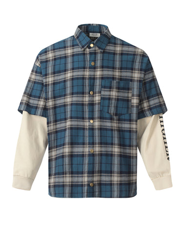 Tung Sung Washed Checkered Hip-Hop Streetwear Spliced Fake-Two-Piece Long-Sleeve Shirt - Tung Sung