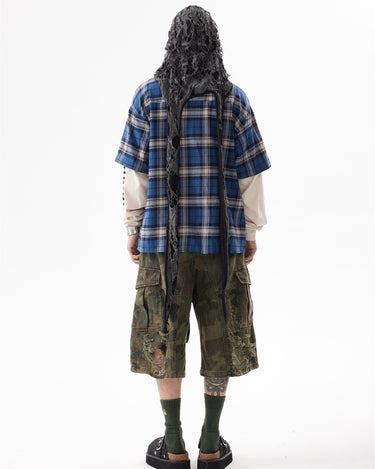 Tung Sung Washed Checkered Hip-Hop Streetwear Spliced Fake-Two-Piece Long-Sleeve Shirt - Tung Sung