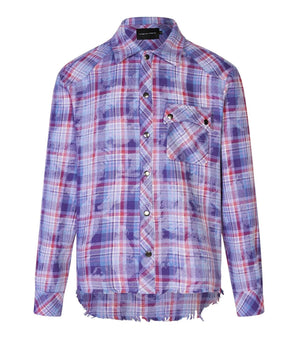 Tung Sung Vibrant Purple Plaid Shirt with Fringe Trim & Distressed Details - Standout Fashion Staple - Tung Sung