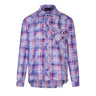 Tung Sung Vibrant Purple Plaid Shirt with Fringe Trim & Distressed Details - Standout Fashion Staple - Tung Sung