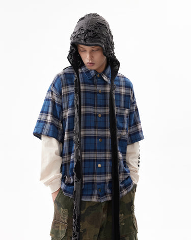 Tung Sung Washed Checkered Hip-Hop Streetwear Spliced Fake-Two-Piece Long-Sleeve Shirt - Tung Sung