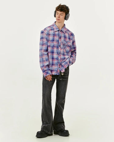 Tung Sung Vibrant Purple Plaid Shirt with Fringe Trim & Distressed Details - Standout Fashion Staple - Tung Sung