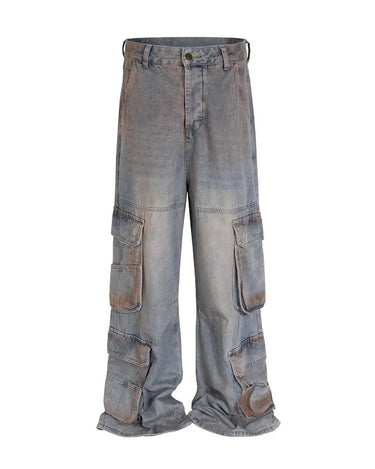 Tung Sung Vintage Multi-Pocket Jeans in Yellow Mud Wash with Distressed Finish - Tung Sung