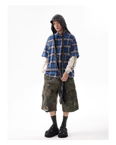 Tung Sung Washed Checkered Hip-Hop Streetwear Spliced Fake-Two-Piece Long-Sleeve Shirt - Tung Sung