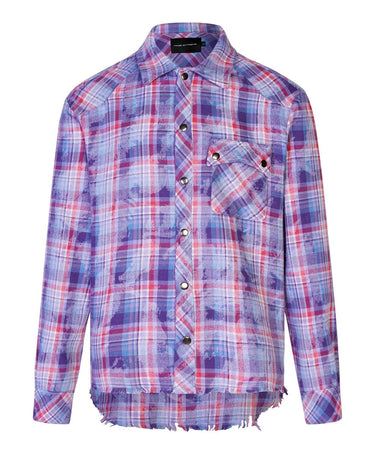 Tung Sung Vibrant Purple Plaid Shirt with Fringe Trim & Distressed Details - Standout Fashion Staple - Tung Sung