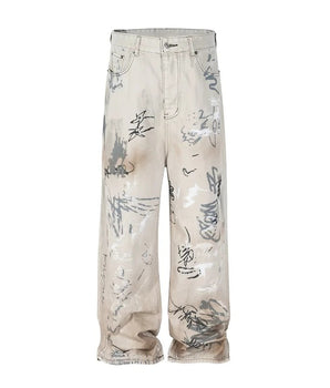 Tung Sung Graffiti-Infused Hand-Painted Dirty Black to Grey Ombre Jeans - Tung Sung