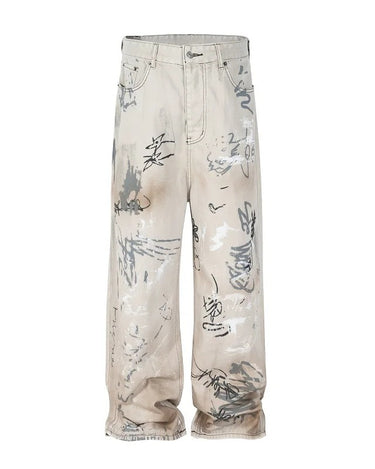 Tung Sung Graffiti-Infused Hand-Painted Dirty Black to Grey Ombre Jeans - Tung Sung