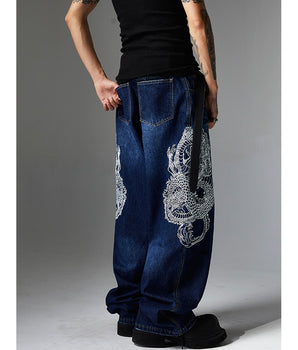 Embroidered Dragon Totem Washed Denim Jeans