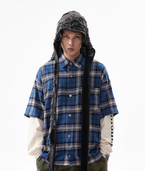 Tung Sung Washed Checkered Hip-Hop Streetwear Spliced Fake-Two-Piece Long-Sleeve Shirt - Tung Sung