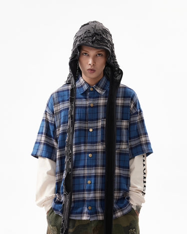 Tung Sung Washed Checkered Hip-Hop Streetwear Spliced Fake-Two-Piece Long-Sleeve Shirt - Tung Sung