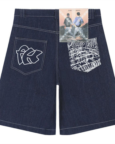 Tung Sung Chicano-Inspired Embroidered Script Jorts in Relaxed Fit - Tung Sung