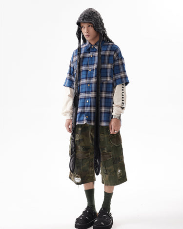 Tung Sung Washed Checkered Hip-Hop Streetwear Spliced Fake-Two-Piece Long-Sleeve Shirt - Tung Sung