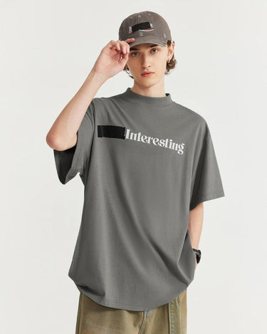 Tung Sung Trendy Mock-Tape High-Neck Tee with 3D Silicone Lettering Print in Relaxed Fit - Tung Sung