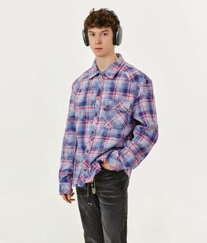 Tung Sung Vibrant Purple Plaid Shirt with Fringe Trim & Distressed Details - Standout Fashion Staple - Tung Sung