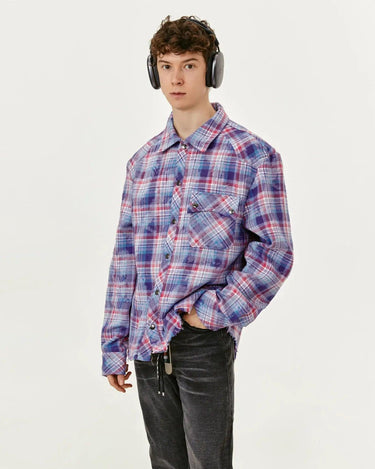 Tung Sung Vibrant Purple Plaid Shirt with Fringe Trim & Distressed Details - Standout Fashion Staple - Tung Sung