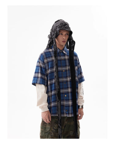 Tung Sung Washed Checkered Hip-Hop Streetwear Spliced Fake-Two-Piece Long-Sleeve Shirt - Tung Sung