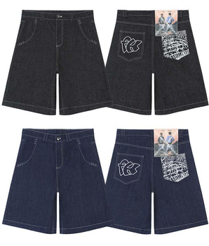 Tung Sung Chicano-Inspired Embroidered Script Jorts in Relaxed Fit - Tung Sung