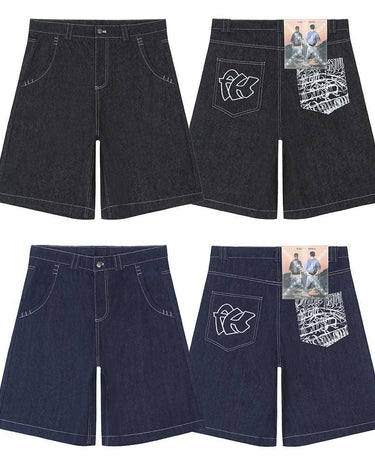 Tung Sung Chicano-Inspired Embroidered Script Jorts in Relaxed Fit - Tung Sung