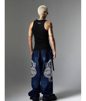 Embroidered Dragon Totem Washed Denim Jeans