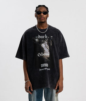 Tung Sung Retro Washed Gothic Print Drop-Shoulder Oversized Tee - Tung Sung