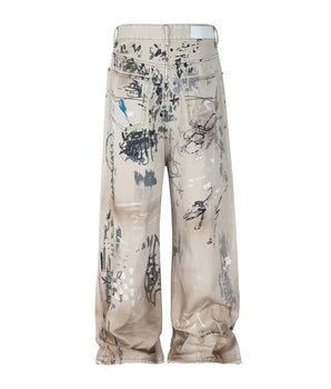 Tung Sung Graffiti-Infused Hand-Painted Dirty Black to Grey Ombre Jeans - Tung Sung