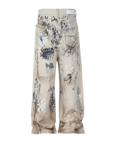 Tung Sung Graffiti-Infused Hand-Painted Dirty Black to Grey Ombre Jeans - Tung Sung