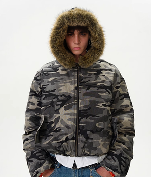 Tung Sung Retro Camouflage Fur Hooded Short Coat