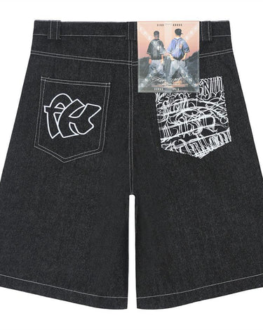 Tung Sung Chicano-Inspired Embroidered Script Jorts in Relaxed Fit - Tung Sung