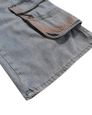 Tung Sung Vintage Multi-Pocket Jeans in Yellow Mud Wash with Distressed Finish - Tung Sung