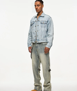 Tung Sung Removable Leather Chain Strap Yellow Wash Distressed Hem Jeans with Detachable Chain Detail