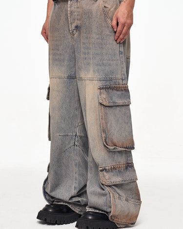 Tung Sung Vintage Multi-Pocket Jeans in Yellow Mud Wash with Distressed Finish - Tung Sung