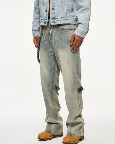 Tung Sung Removable Leather Chain Strap Yellow Wash Distressed Hem Jeans with Detachable Chain Detail - Tung Sung