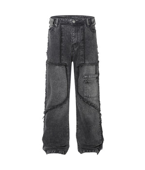 Black Patchwork Distressed Washed Denim Jeans