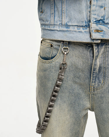 Tung Sung Removable Leather Chain Strap Yellow Wash Distressed Hem Jeans with Detachable Chain Detail - Tung Sung