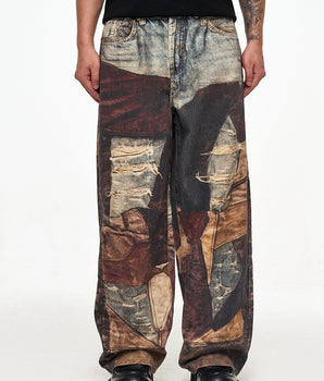 Tung Sung Vintage Distressed Denim Jeans with Digital Patchwork Prints - Relaxed Fit for Casual Wear - Tung Sung