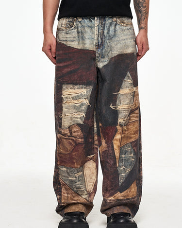 Tung Sung Vintage Distressed Denim Jeans with Digital Patchwork Prints - Relaxed Fit for Casual Wear - Tung Sung