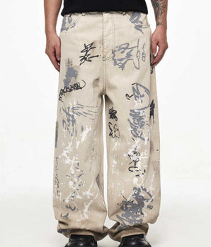 Tung Sung Graffiti-Infused Hand-Painted Dirty Black to Grey Ombre Jeans - Tung Sung