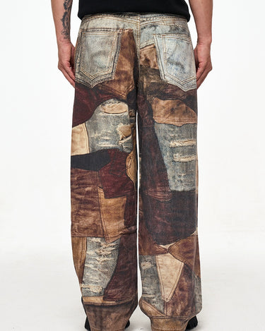 Tung Sung Vintage Distressed Denim Jeans with Digital Patchwork Prints - Relaxed Fit for Casual Wear - Tung Sung