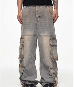 Tung Sung Vintage Multi-Pocket Jeans in Yellow Mud Wash with Distressed Finish - Tung Sung