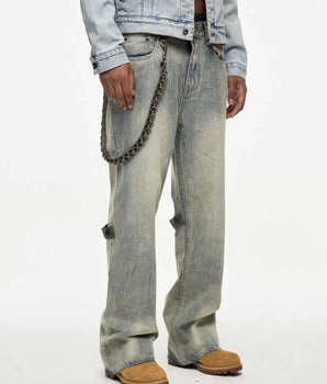 Tung Sung Removable Leather Chain Strap Yellow Wash Distressed Hem Jeans with Detachable Chain Detail - Tung Sung