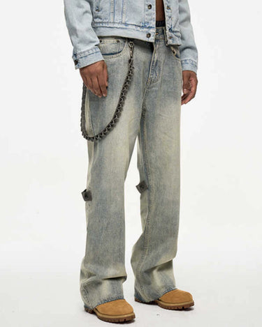 Tung Sung Removable Leather Chain Strap Yellow Wash Distressed Hem Jeans with Detachable Chain Detail - Tung Sung