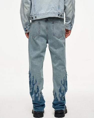 Tung Sung Retro-Styled Denim Jeans with Distressed Hems & Flame Applique Patches - Tung Sung