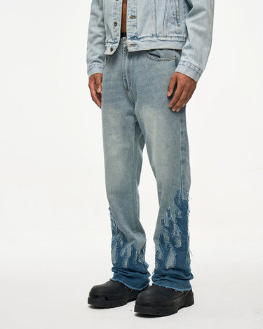 Tung Sung Retro-Styled Denim Jeans with Distressed Hems & Flame Applique Patches - Tung Sung