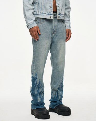 Tung Sung Retro-Styled Denim Jeans with Distressed Hems & Flame Applique Patches - Tung Sung