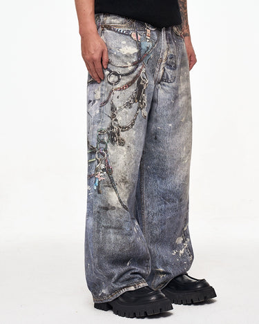 Tung Sung Digital Print Keychain-Accentuated Baggy Jeans - Tung Sung