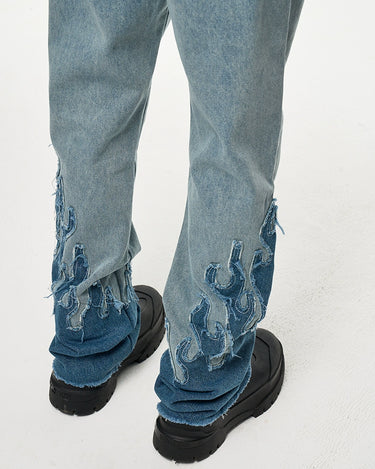 Tung Sung Retro-Styled Denim Jeans with Distressed Hems & Flame Applique Patches - Tung Sung